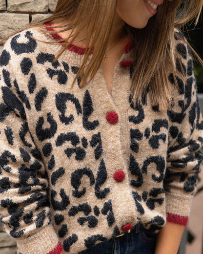 Cardigan unique à manches longues, imprimé léopard, de couleur marron