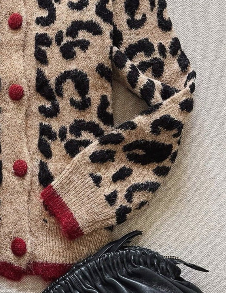 Cardigan unique à manches longues, imprimé léopard, de couleur marron