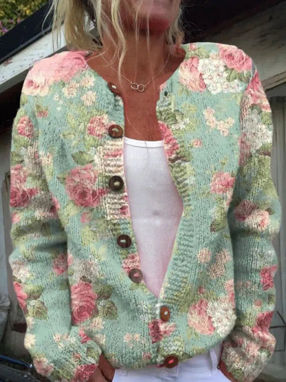 Cardigan à manches longues sans col à fleurs vertes