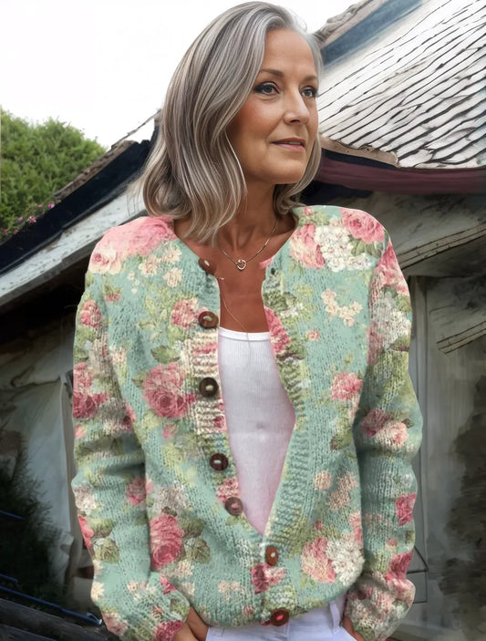 Cardigan à manches longues sans col à fleurs vertes