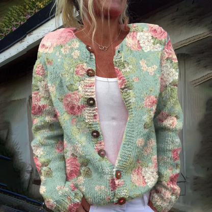 Cardigan à manches longues sans col à fleurs vertes