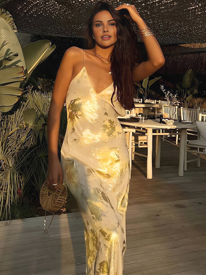 Jade - Imprimé métallique V-cou Halter Maxi Dress