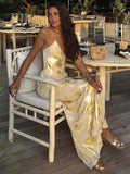 Jade - Imprimé métallique V-cou Halter Maxi Dress