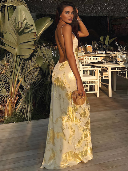 Jade - Imprimé métallique V-cou Halter Maxi Dress