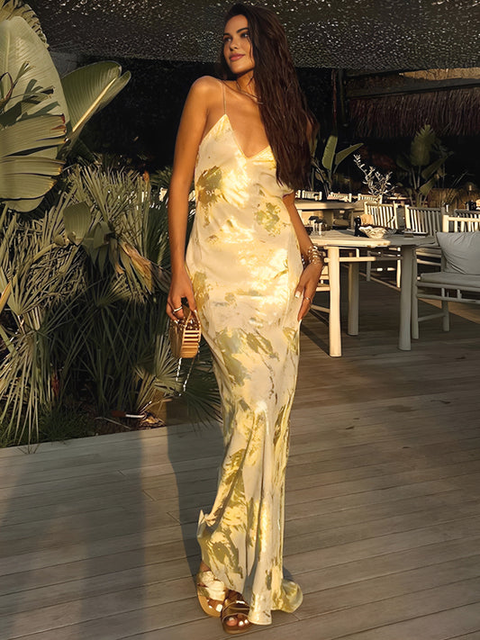 Jade - Imprimé métallique V-cou Halter Maxi Dress